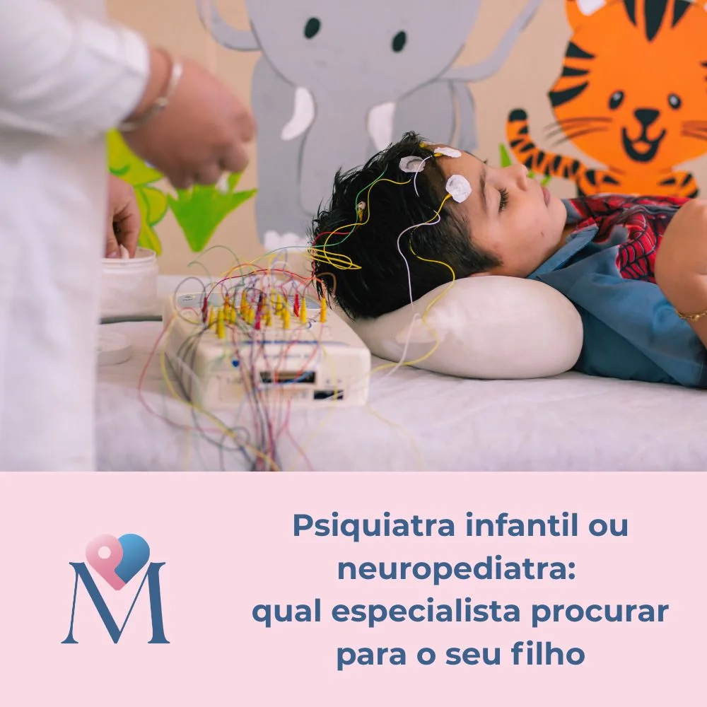 Criança realizando exame neurológico com eletrodos, representando avaliação com neuropediatra e saúde mental infantil.